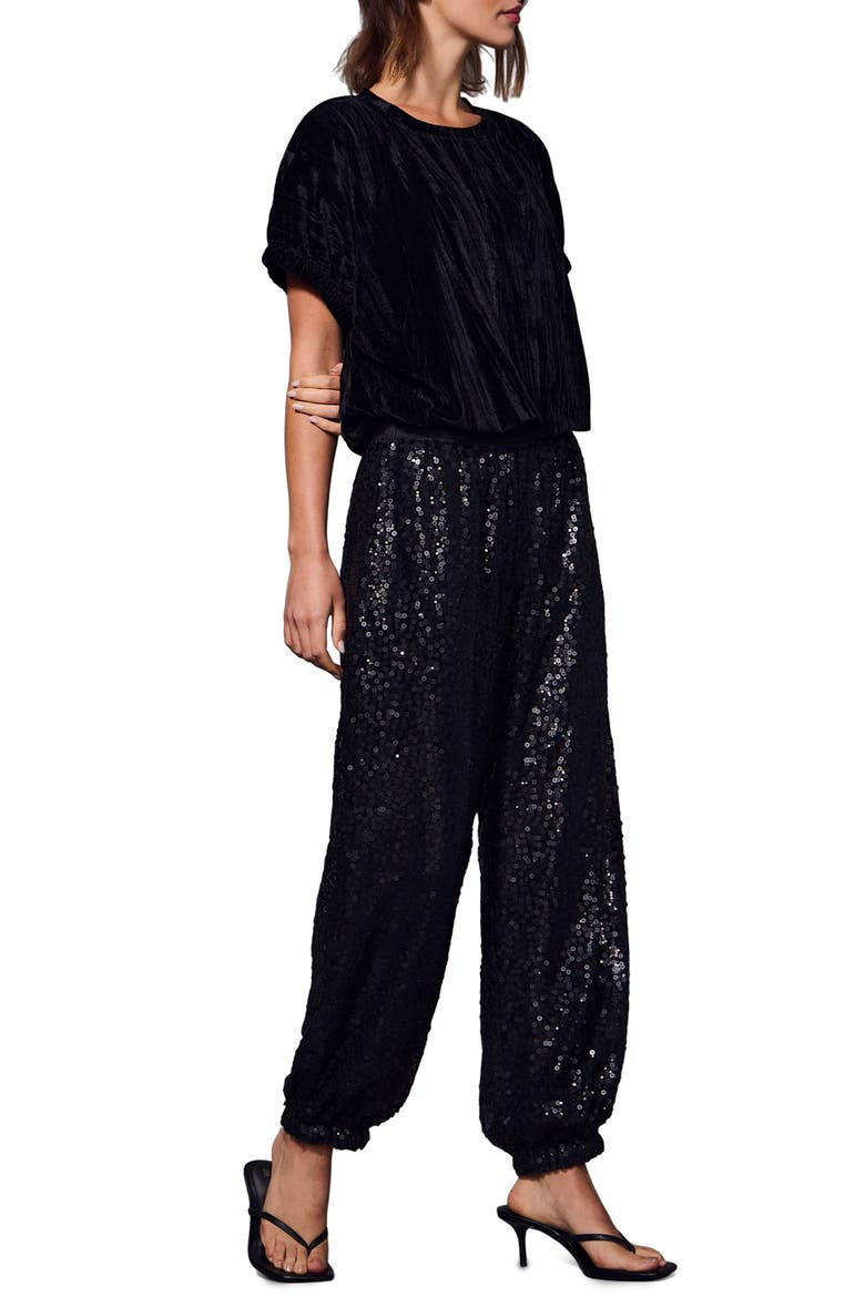 Float On Sequin Balloon Leg Pants, Alternate, color, BLACK