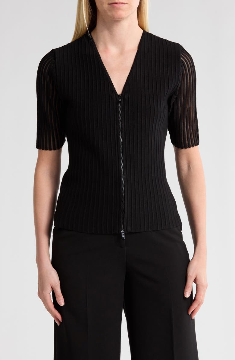 DKNY Short Sleeve Zip Front Ribbed Cardigan, Main, color,