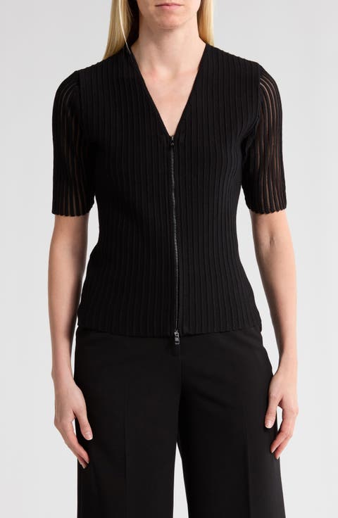 Short Sleeve Zip Front Ribbed Cardigan