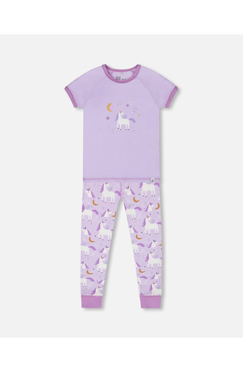 Deux par Deux Little Girl's Organic Cotton Short Sleeve Top And Pant Pajama Set White Unicorn On Mauve, Main, color, 