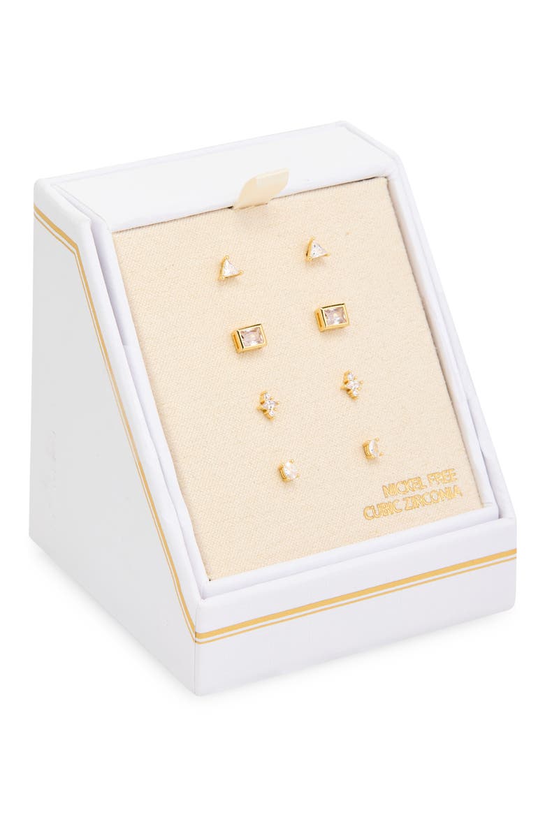 Set of 4 Cubic Zirconia Stud Earrings, Main, color, CLEAR- GOLD