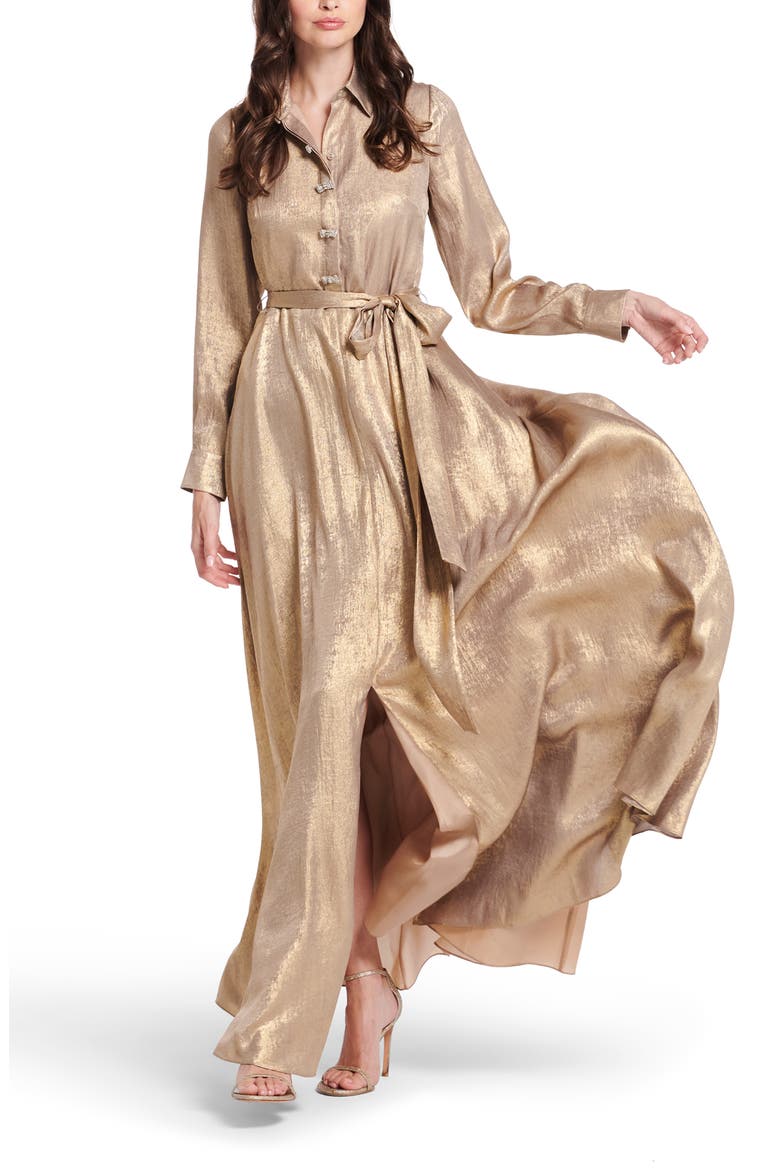 Foil Long Sleeve Chiffon Gown, Alternate, color, GOLD
