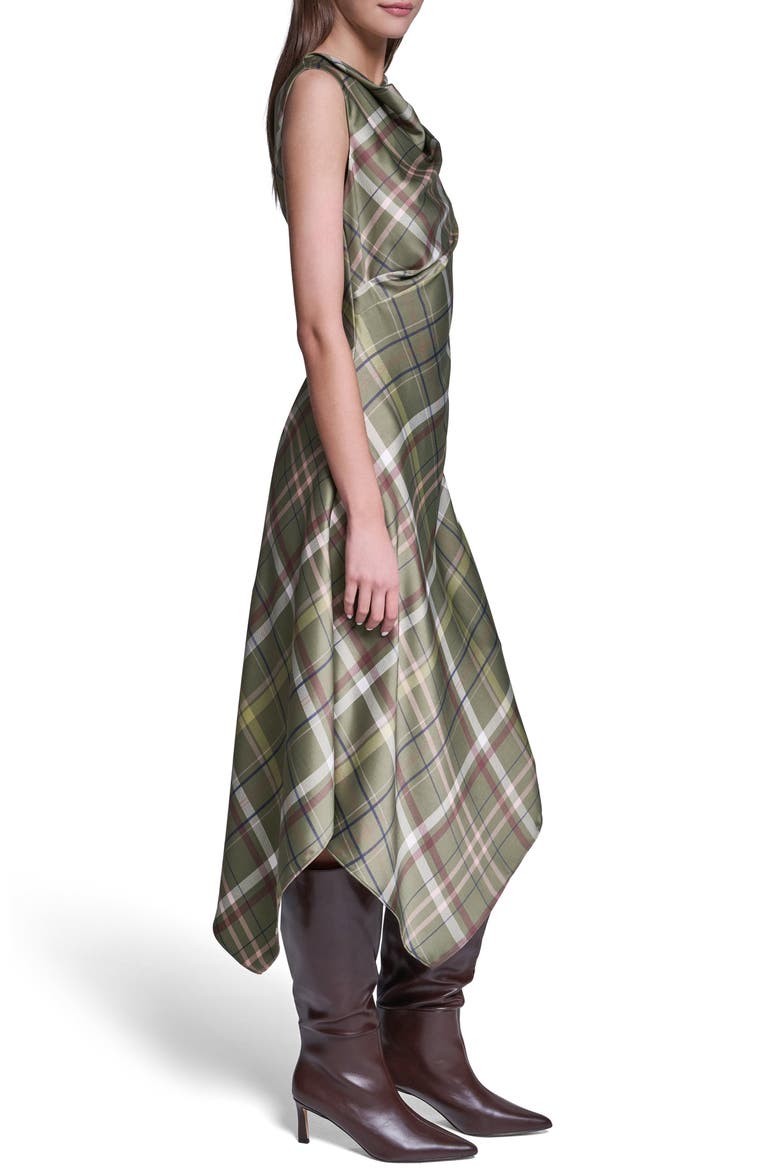 Plaid Cowl Neck Asymmetrical Midi Dress, Alternate, color, OLIVE PLAID