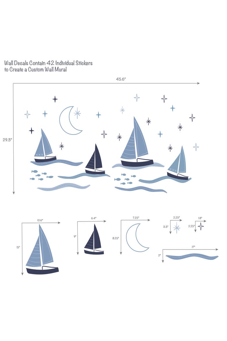 Little Skipper Nautical Sailboat, Moon & Stars Wall Decals/Stickers, Alternate, color, Blue
