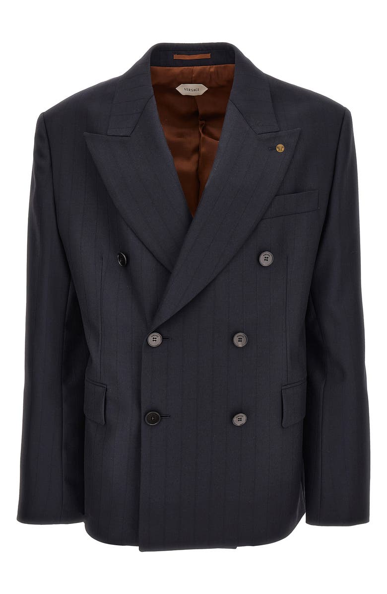 Versace Pinstripe Double Breasted Virgin Wool Blazer, Main, color, Dark Navy Black