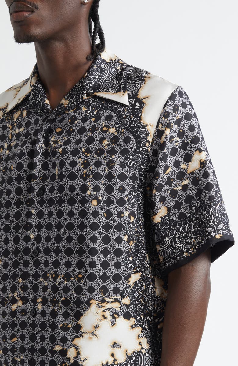 AMIRI Bleach Splatter Bandana Silk Bowling Shirt, Alternate, color, Black