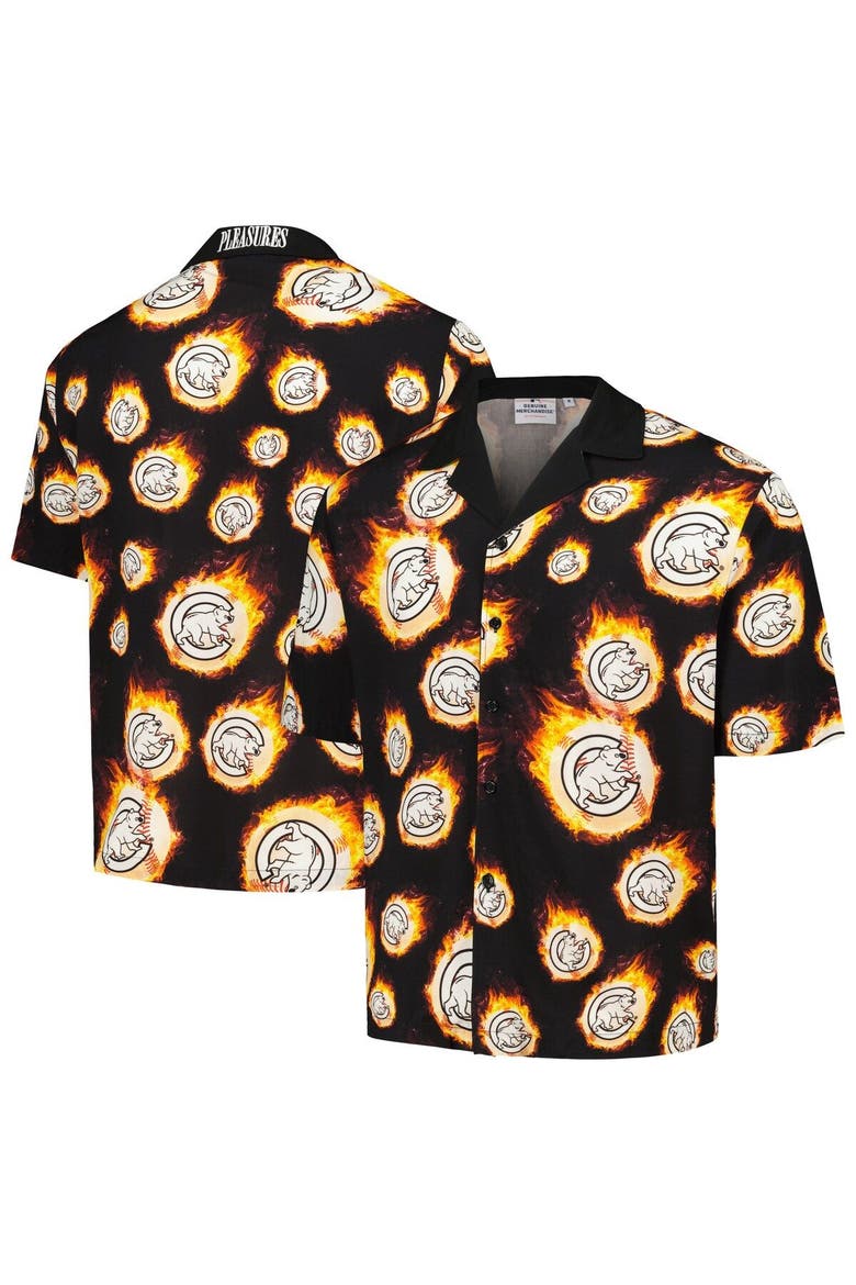 Men's PLEASURES  Black Chicago Cubs Flame Fireball Button-Up Shirt, Main, color, Black