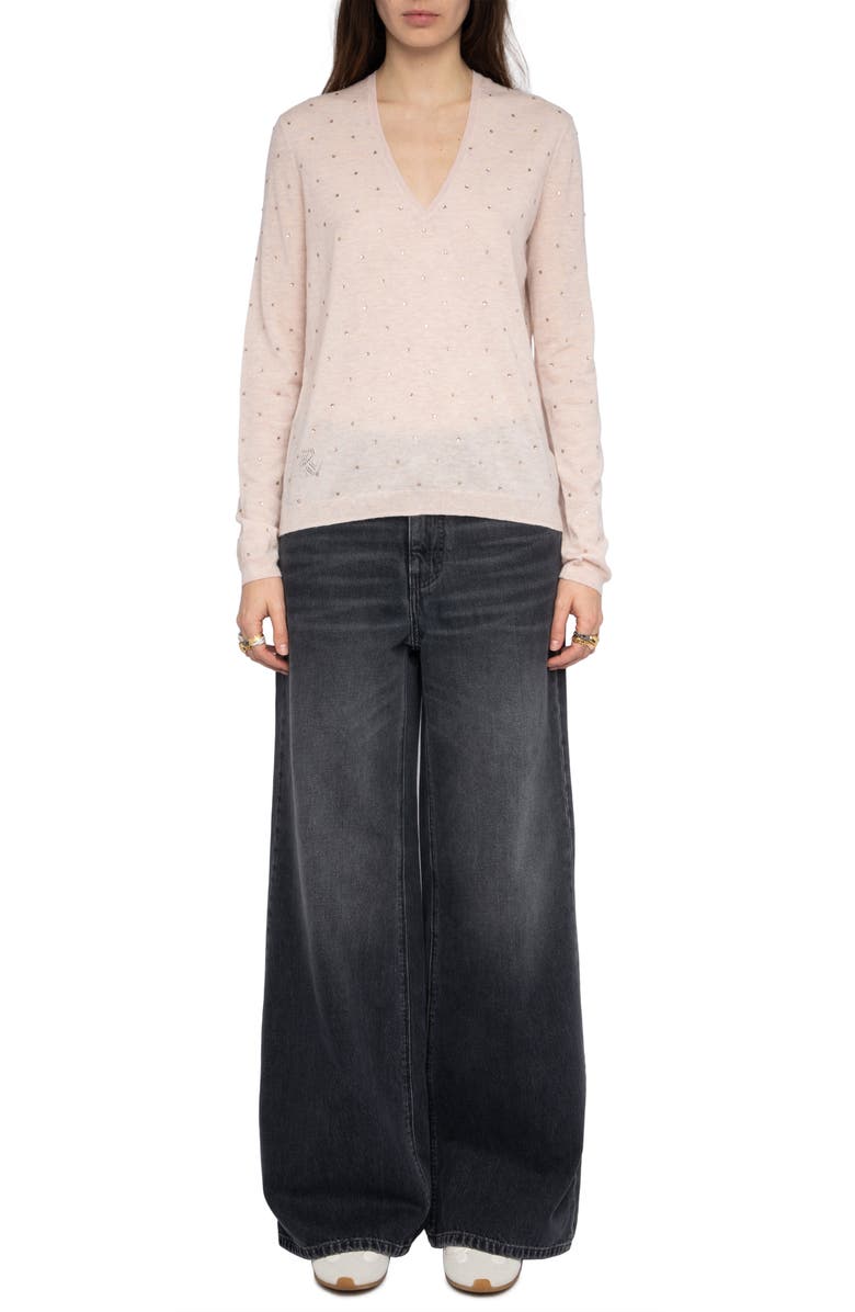 Zadig & Voltaire Rivy Rhinestone Emellished Cashmere V-Neck Sweater, Alternate, color, Pearly