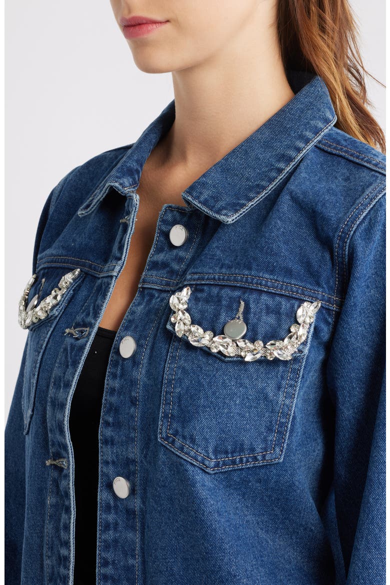 Rhinestone Detail Denim Trucker Jacket, Alternate, color, RINSE WASH