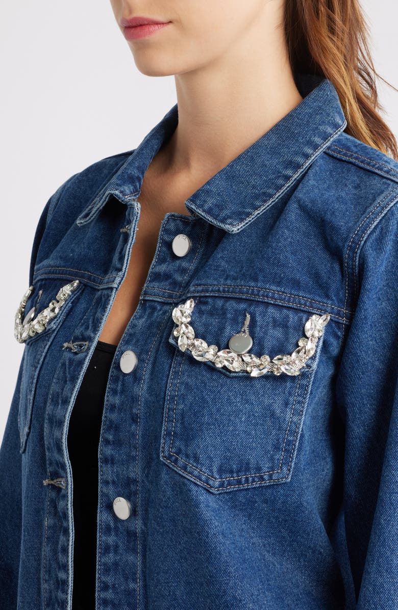PTCL Rhinestone Detail Denim Trucker Jacket, Alternate, color, Rinse Wash
