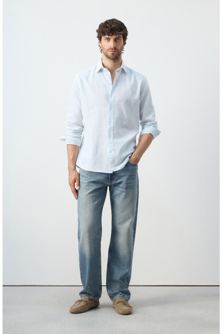Regular Fit Stripe Cotton & Linen Button-Up Shirt, Alternate, color, SKY BLUE