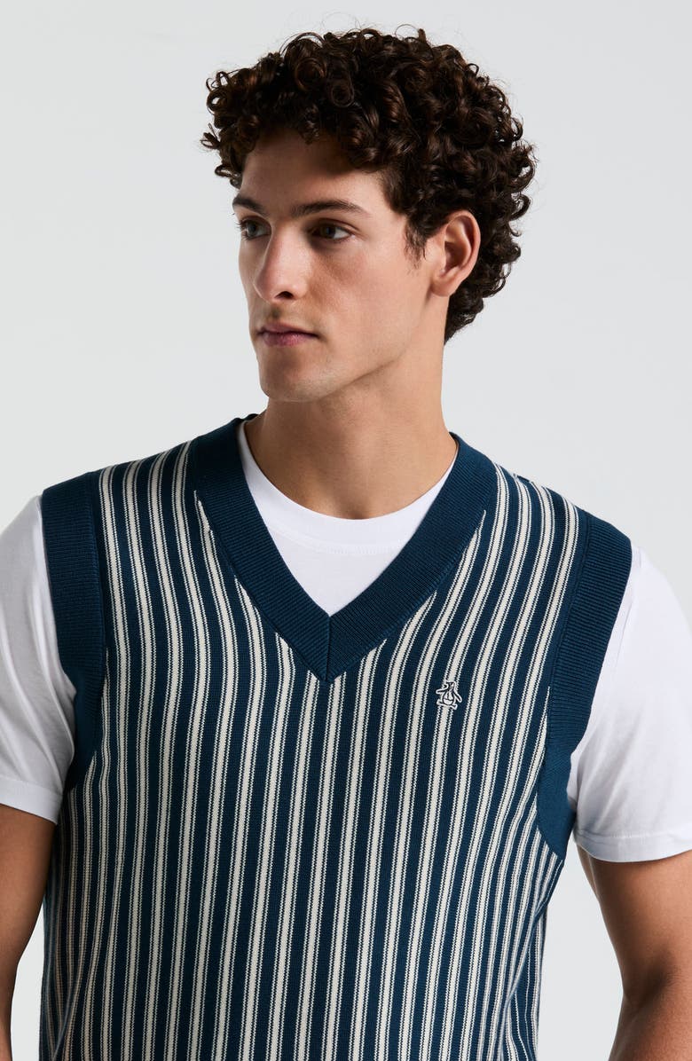 Original Penguin Slim Fit Vertical Stripe Sweater Vest, Alternate, color, Blue Wing Teal