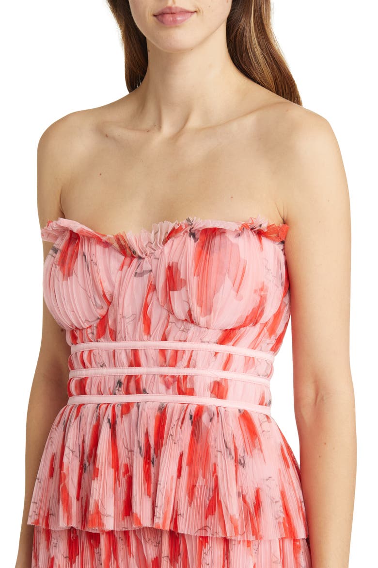 Monaco Strapless Ruffle Tiered Plissé Gown, Alternate, color, BLUSH RED POPPIES TULLE