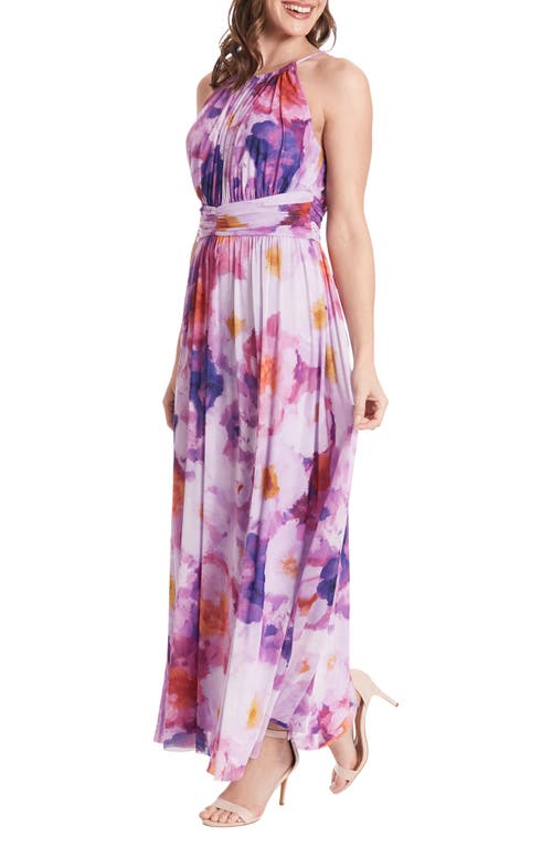 London Times Floral Halter Neck Ruched Waist Maxi Dress