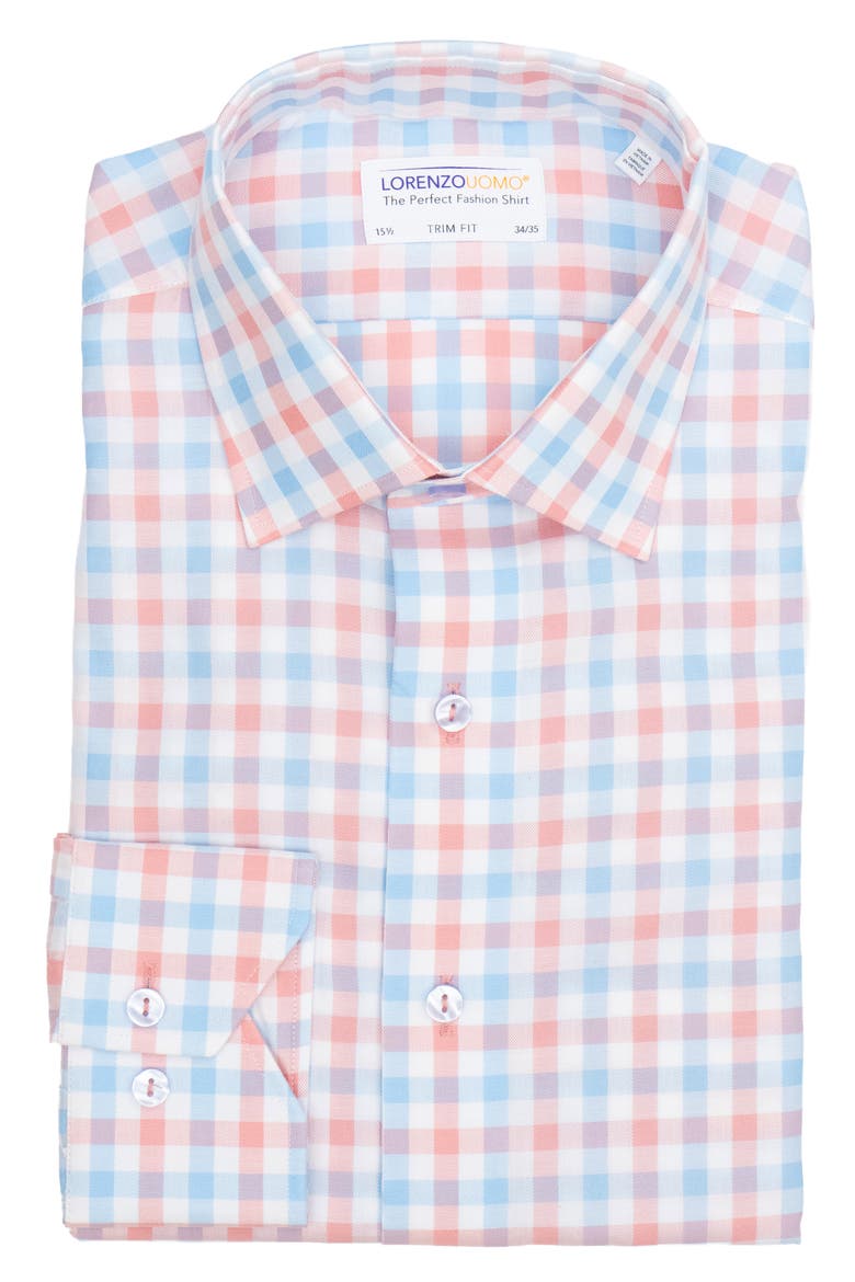 Trim Fit Gingham Print Dress Shirt, Main, color, LIGHT BLUE