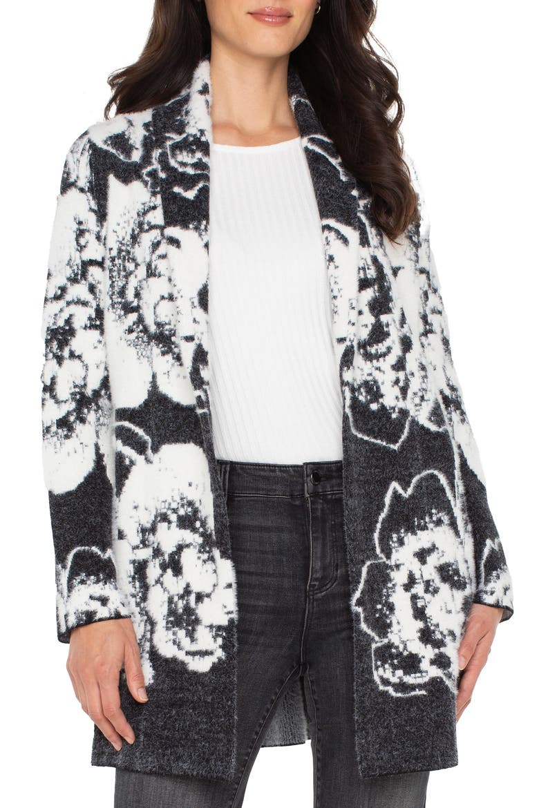 Coatigan Floral Open Front Cardigan Sweater, Main, color, BLACK/ WHITE FLORAL