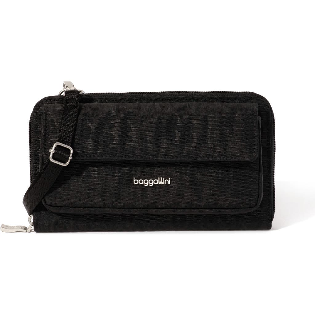 Baggallini Rfid Phone Wallet Crossbody Bag In Black Cheetah Emboss