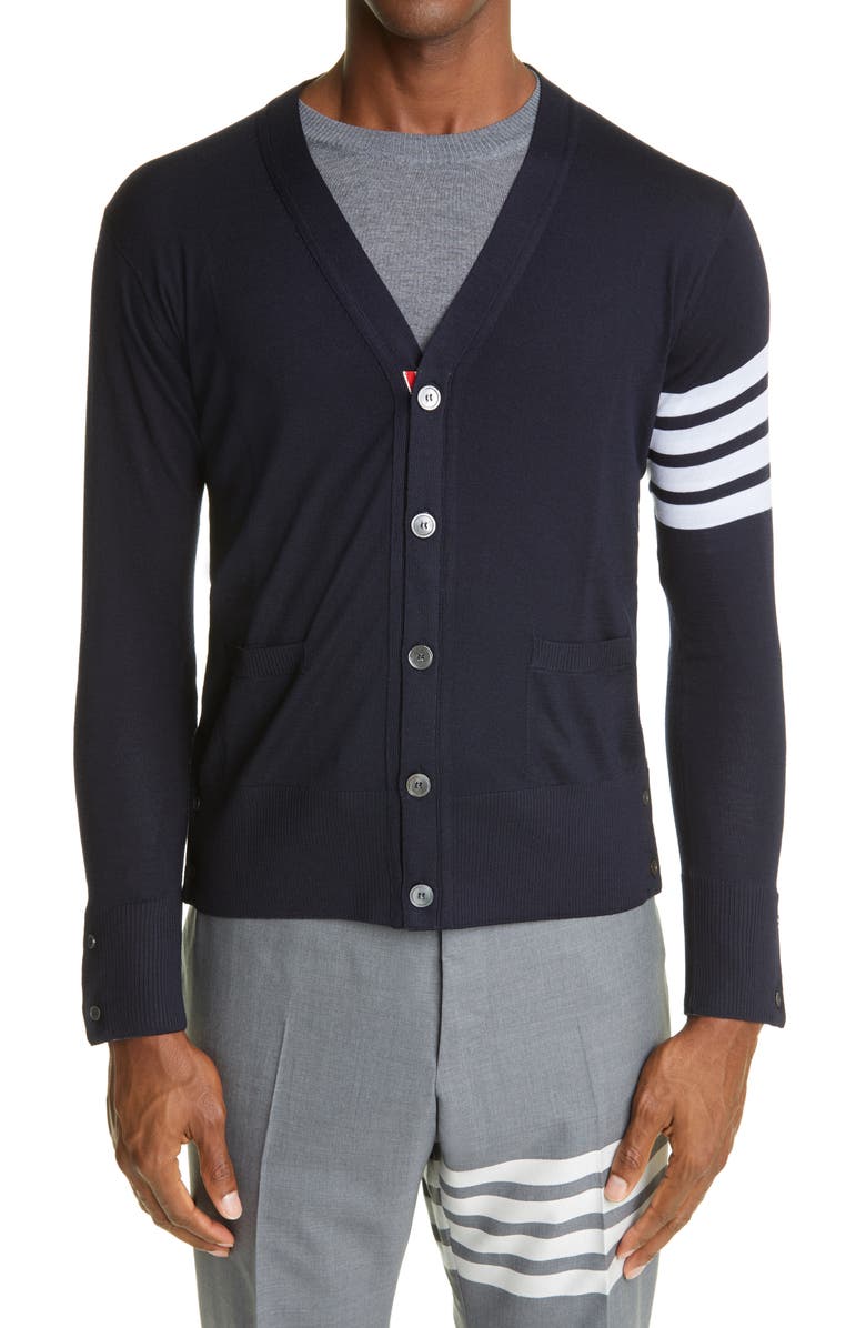 Thom Browne 4-Bar Merino Wool Cardigan, Main, color, Navy