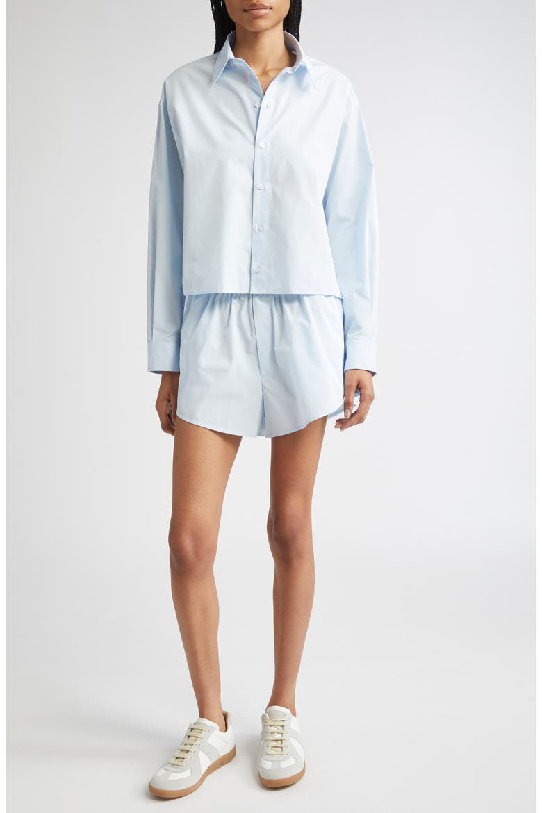 Raw Edge Panel High-Low Cotton Poplin Button-Up Shirt, Alternate, color, LIGHT BLUE
