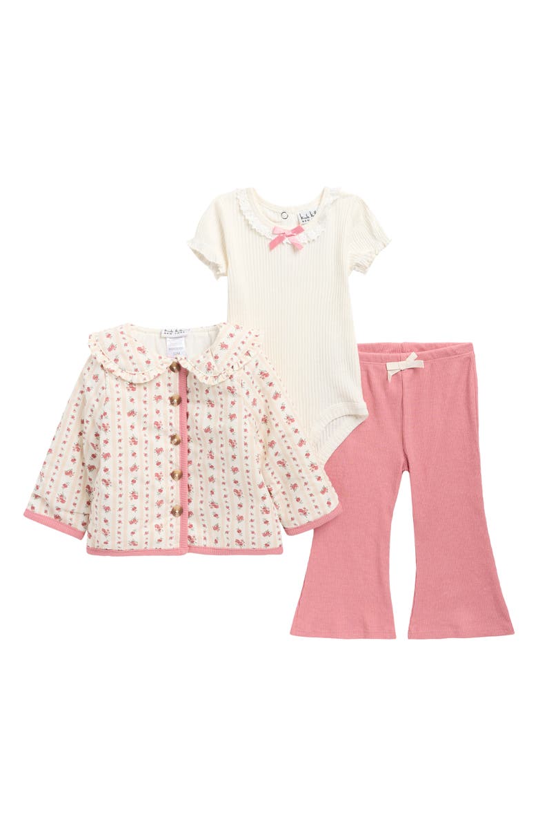 Nicole Miller Ribbed Bodysuit, Quilted Jacket & Flared Leggings Set, Main, color, Dusty Rose