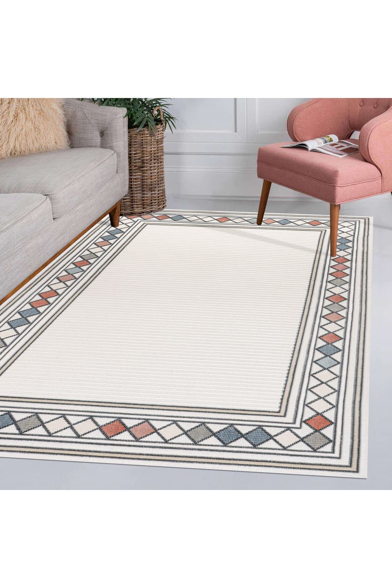 Sebastian High-Low Modern Diamond Border Indoor/Outdoor Area Rug, Alternate, color, Ivory/Beige