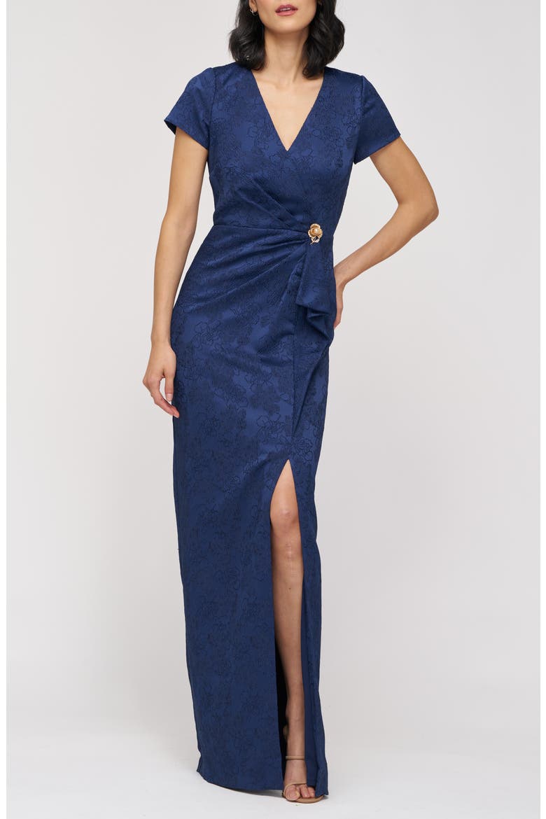 Aidy Faux Wrap Column Gown, Main, color, NAVY