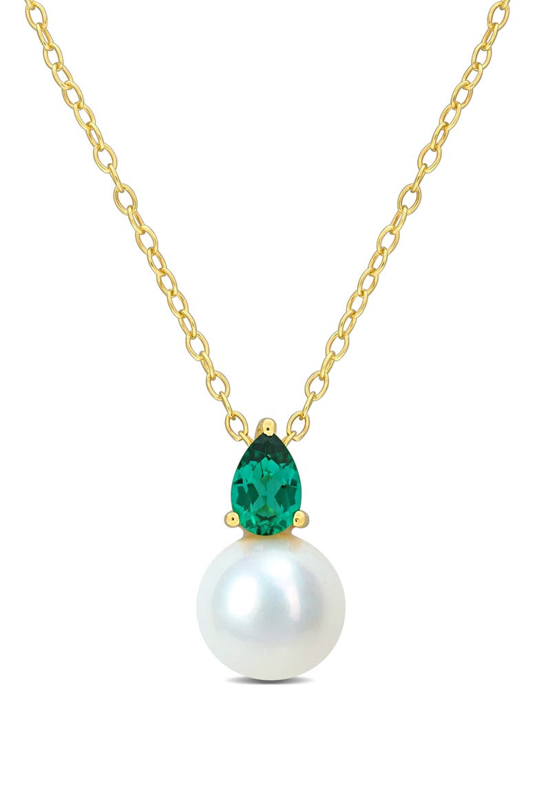 Lab Created Emerald & Freshwater Pearl Pendant Necklace, Main, color, GREEN