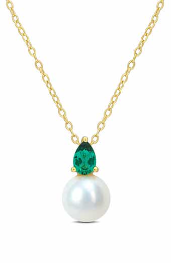 Lab Created Emerald & Freshwater Pearl Pendant Necklace