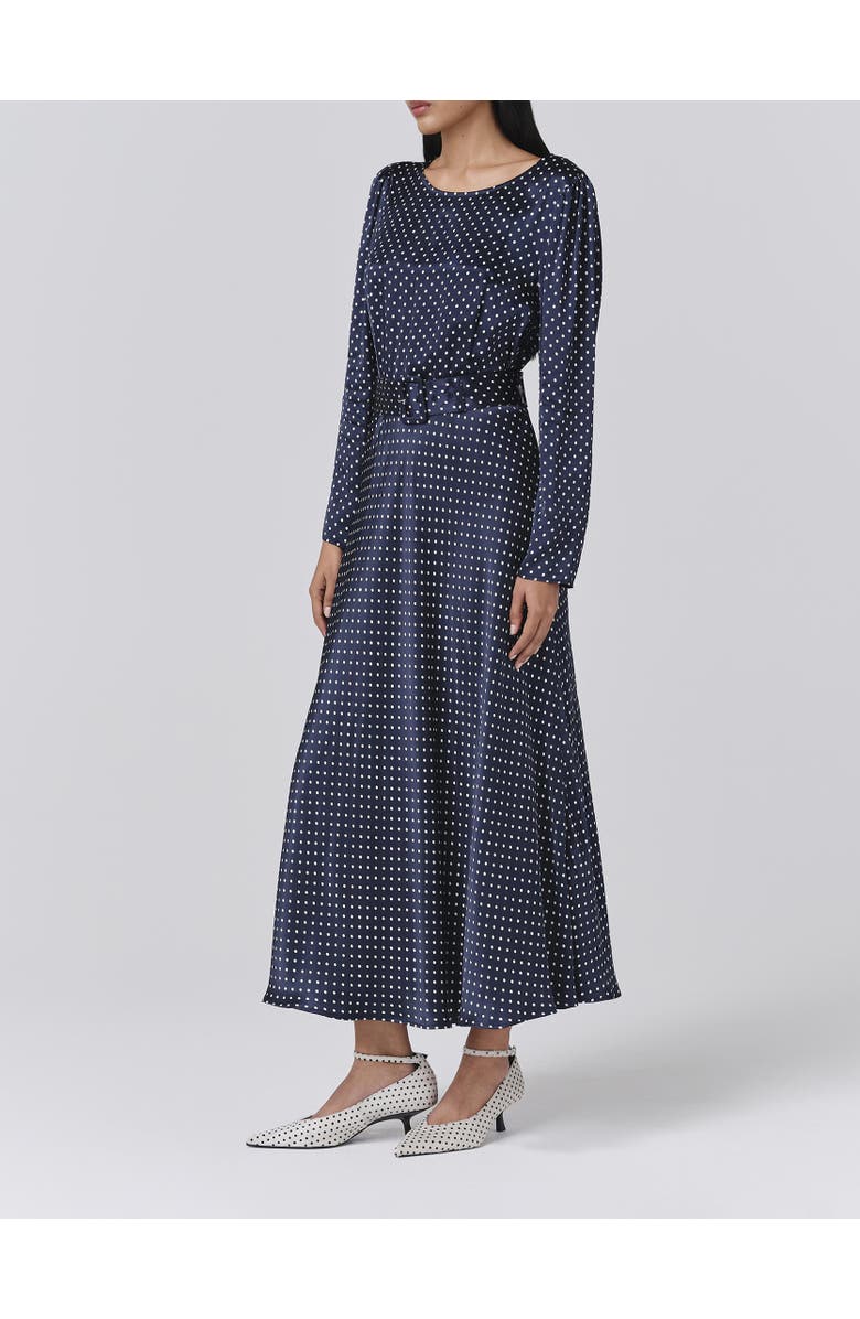 Ghost London Sophia Polka Dot Belted Midi Dress, Alternate, color, Navy Spot
