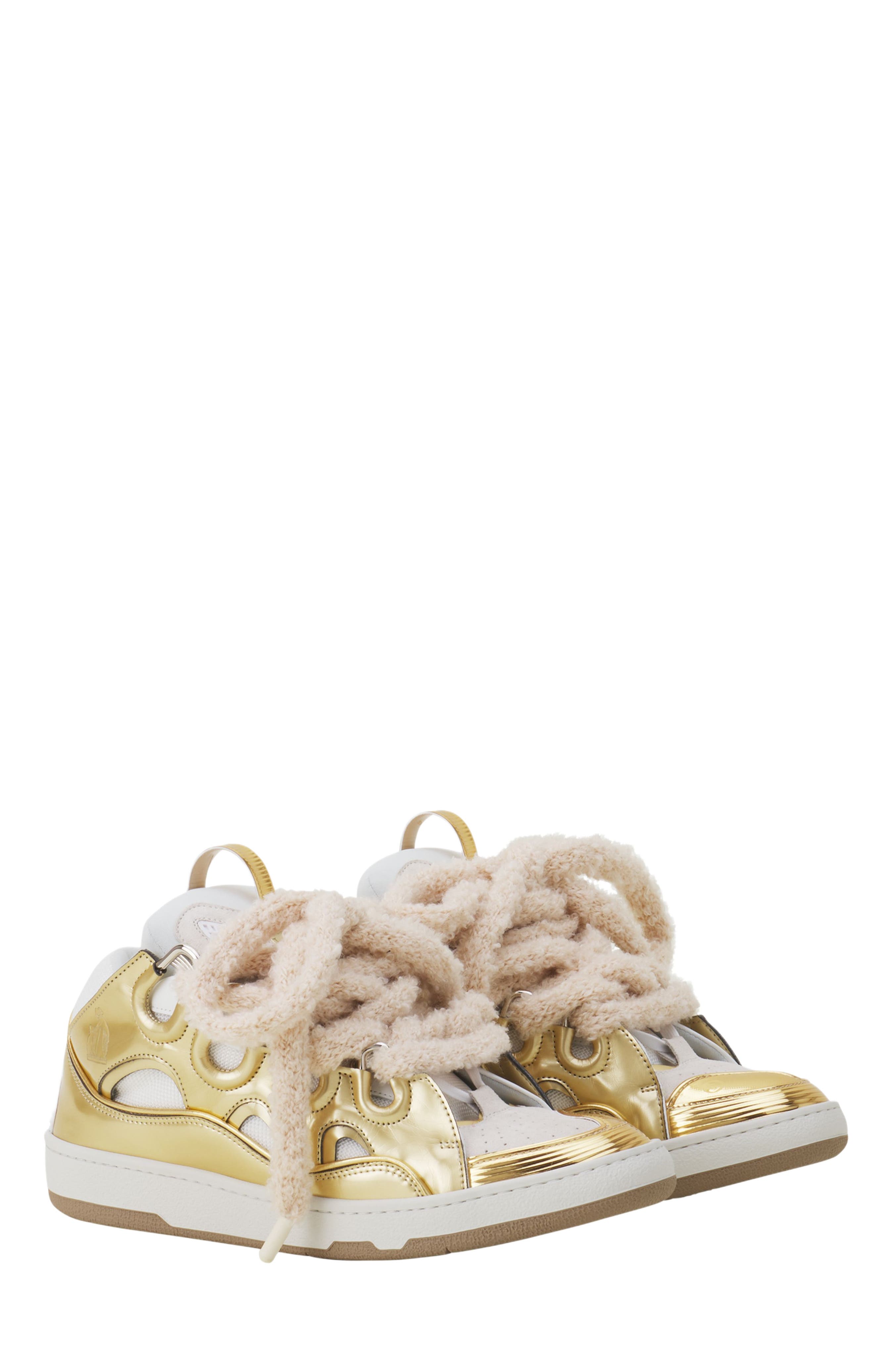 Lanvin Curb Metallic Leather Sneakers With Mesh Laces, Alternate, color, Gold