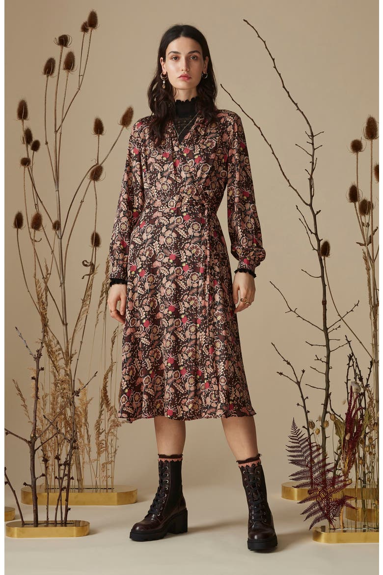 Floral Long Sleeve Wrap Midi Dress, Alternate, color, COMBO A