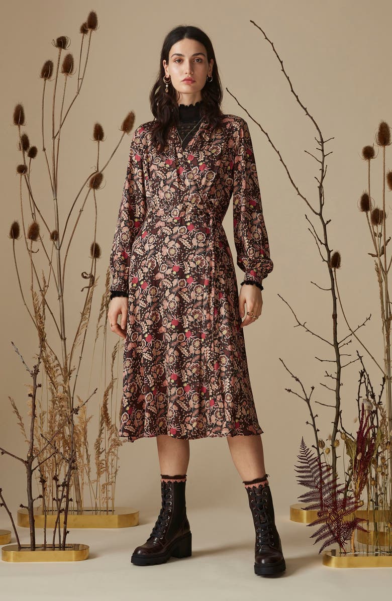 Scotch & Soda Floral Long Sleeve Wrap Midi Dress, Alternate, color, 
