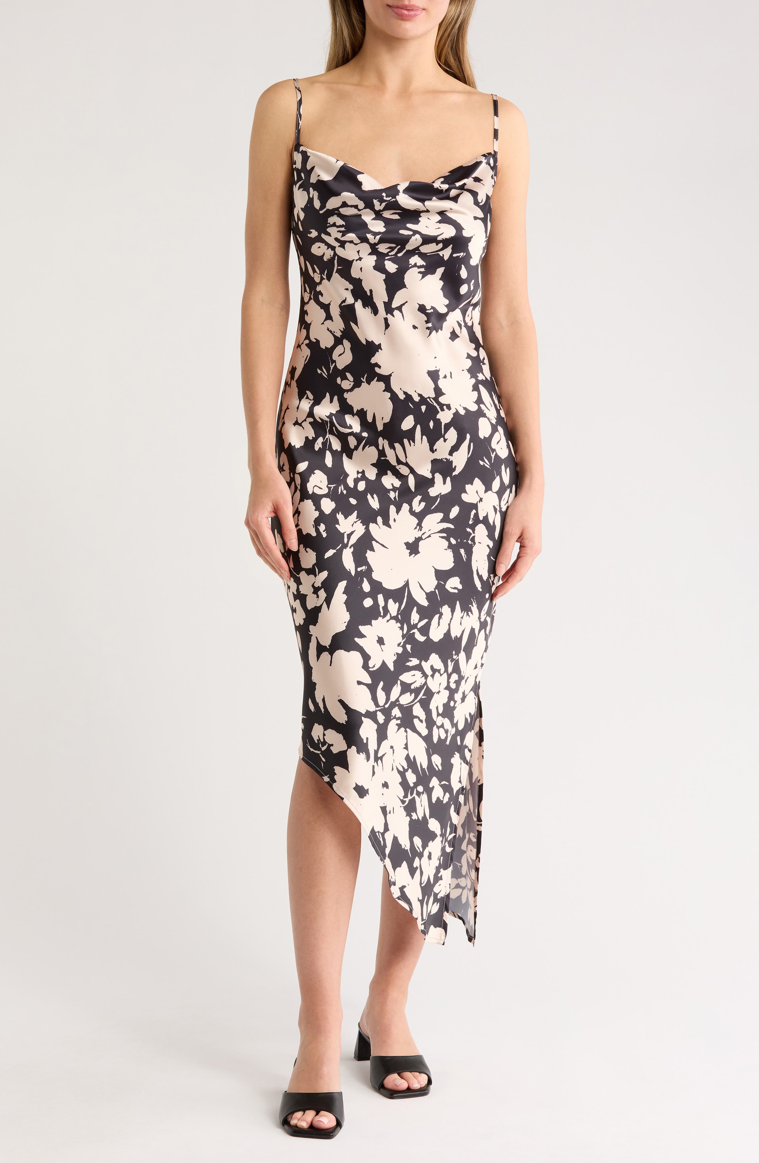 AREA STARS Night Bouquet Asymmetric Satin Slipdress