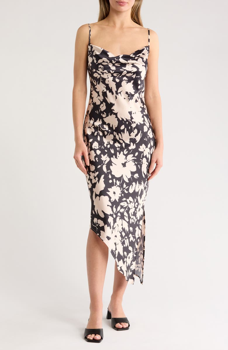 AREA STARS Night Bouquet Asymmetric Satin Slipdress, Main, color, Black