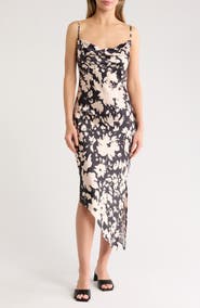 AREA STARS Night Bouquet Asymmetric Satin Slipdress