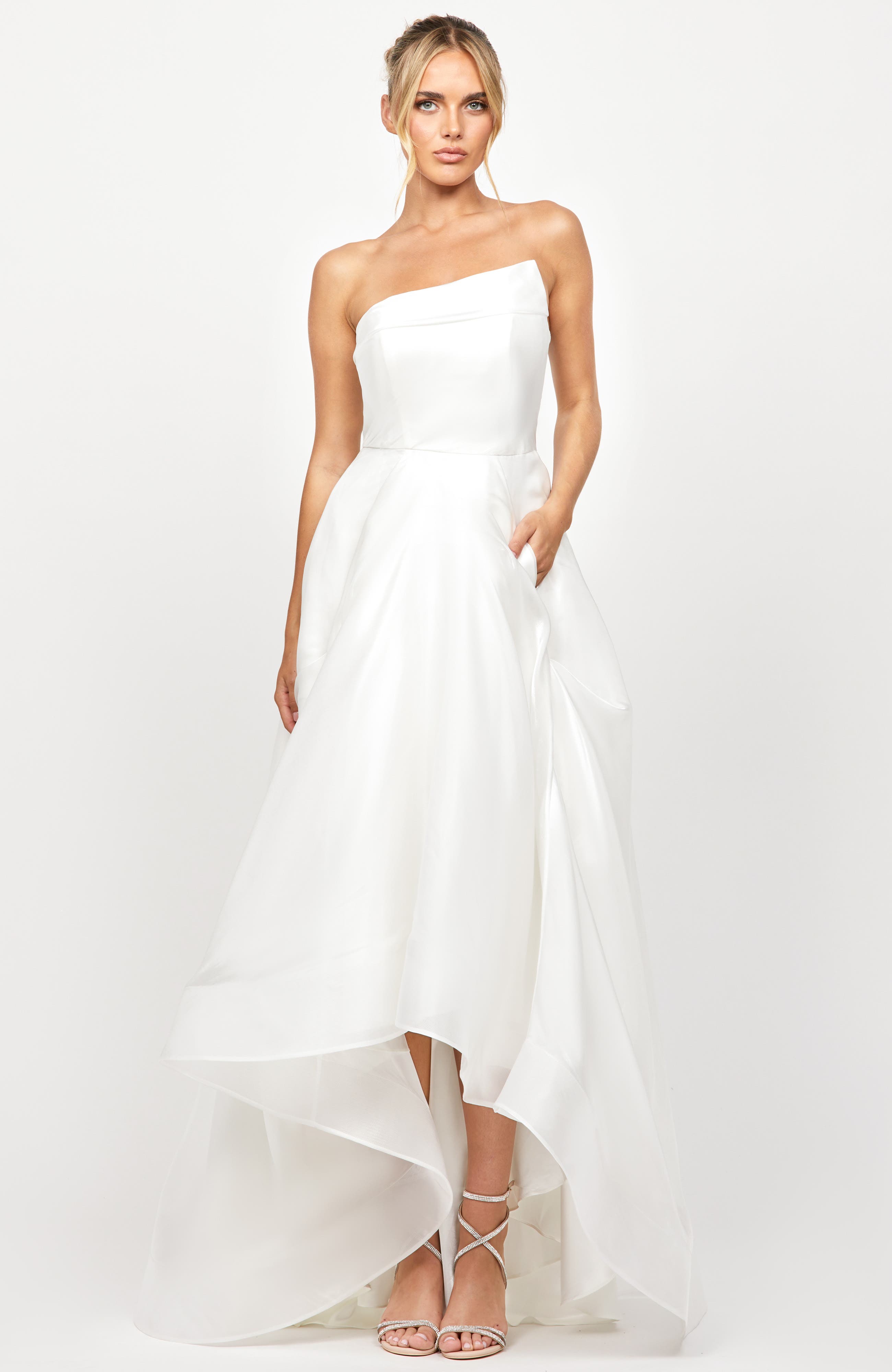 Bariano Faiy Asymertric Hi Low Gown In White