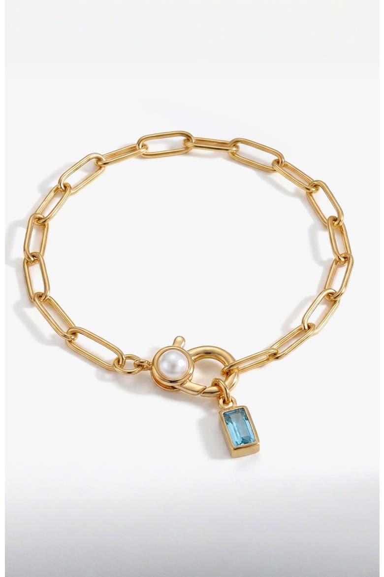 Paperclip Bracelet with Pearl Accent with Dainty Baguette Birthstone Charm, Main, color, March Aquamarine