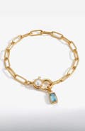 Mint & Lily Paperclip Bracelet with Pearl Accent with Dainty Baguette Birthstone Charm
