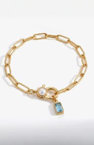 Mint & Lily Paperclip Bracelet with Pearl Accent with Dainty Baguette Birthstone Charm