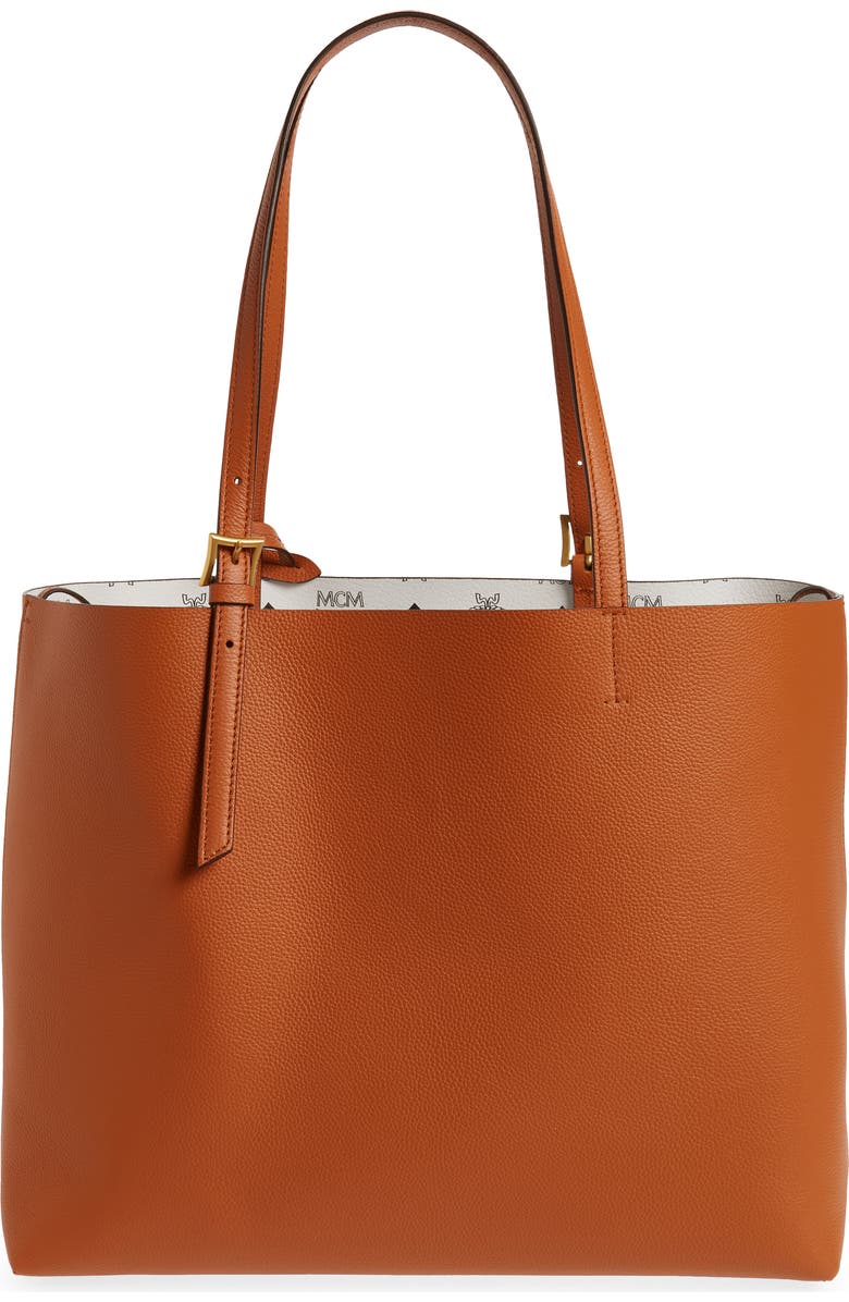 MCM Medium Lauretos Reversible Leather Shopper Bag, Alternate, color, Cognac
