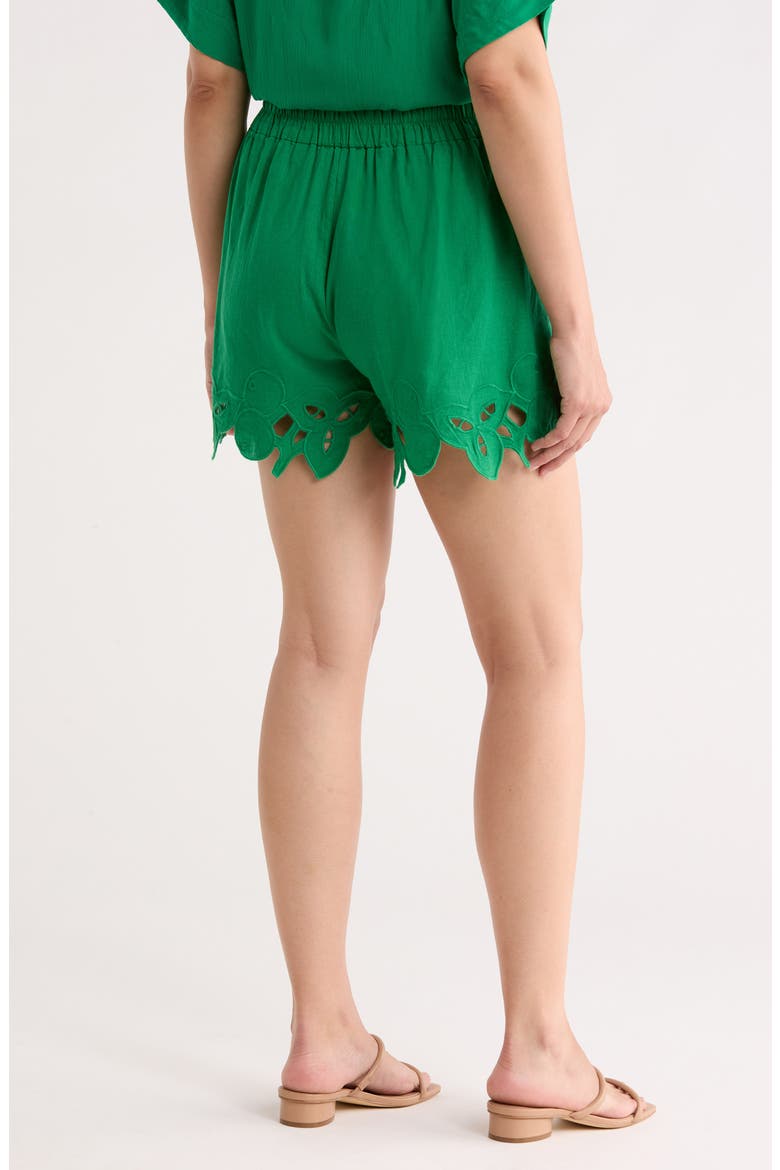 Embroidered Hem Linen Blend Shorts, Alternate, color, JUNGLE PALM