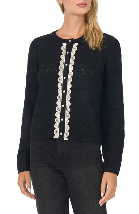 Lace Trim Pointelle Knit Cardigan