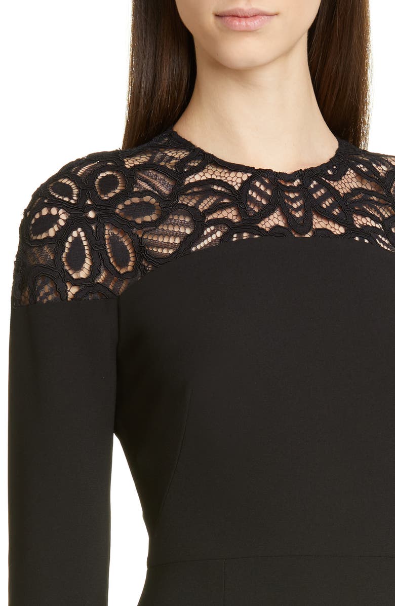 Lela Rose Lace Yoke Long Sleeve Midi Sheath Dress, Alternate, color, 