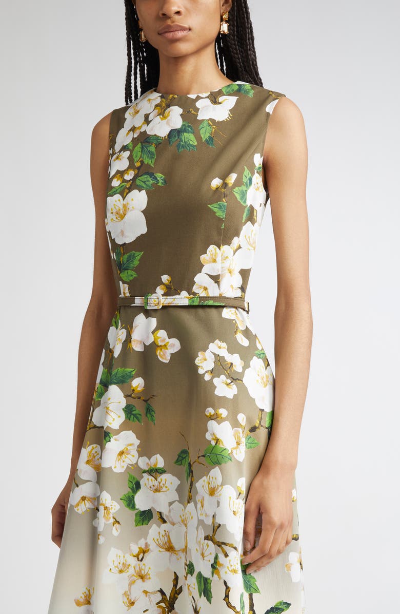 Oscar de la Renta Ombré Cherry Blossom Belted Poplin Midi Dress, Alternate, color, White Khaki Ombre