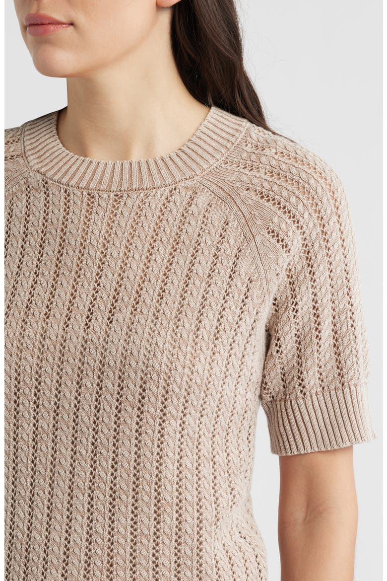 Washed Openwork Knit Rib Short Sleeve Sweater, Alternate, color, LATTE