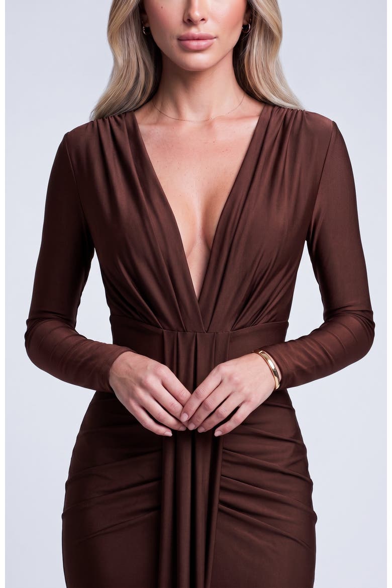 Ruched Long Sleeve Slit Mermaid Gown, Alternate, color, Brown