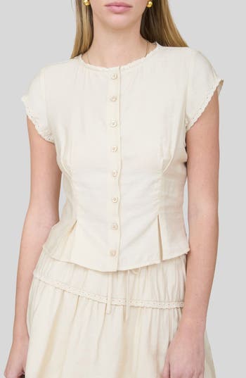 Blu Pepper Lace Trim Cap Sleeve Button-Up Top in Light Khaki at Nordstrom Rack, Size Small