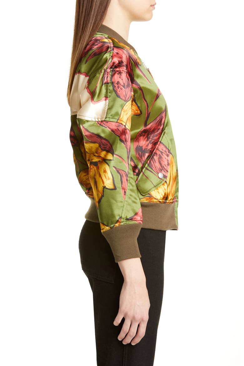 Floral Print Satin Bomber Jacket, Alternate, color, KHAKI