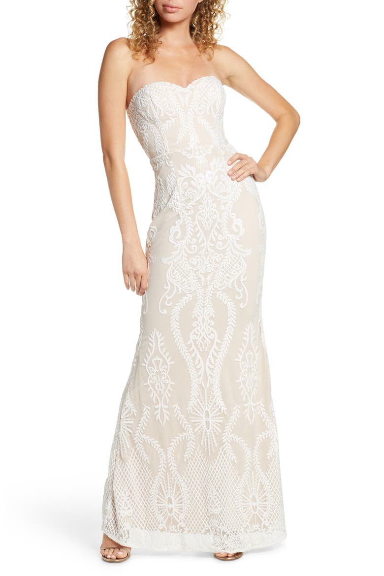 You Belong With Me Strapless Embroidered Mesh Evening Gown, Main, color, WHITE/ NUDE
