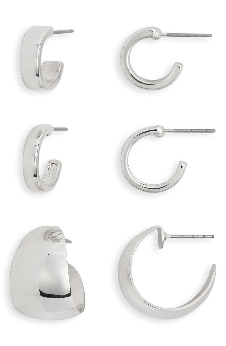NORDSTROM RACK Set of 3 Assorted Huggie Hoop Earrings, Main, color, Silver